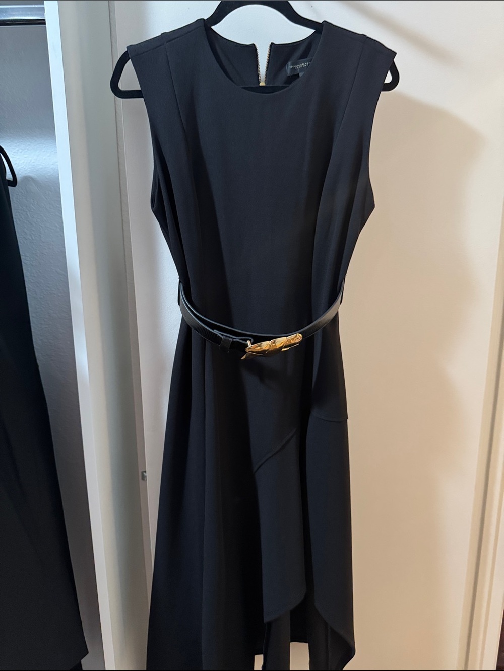 Donna Karan Black Asymmetrical Dress with Gold Buckle Detail